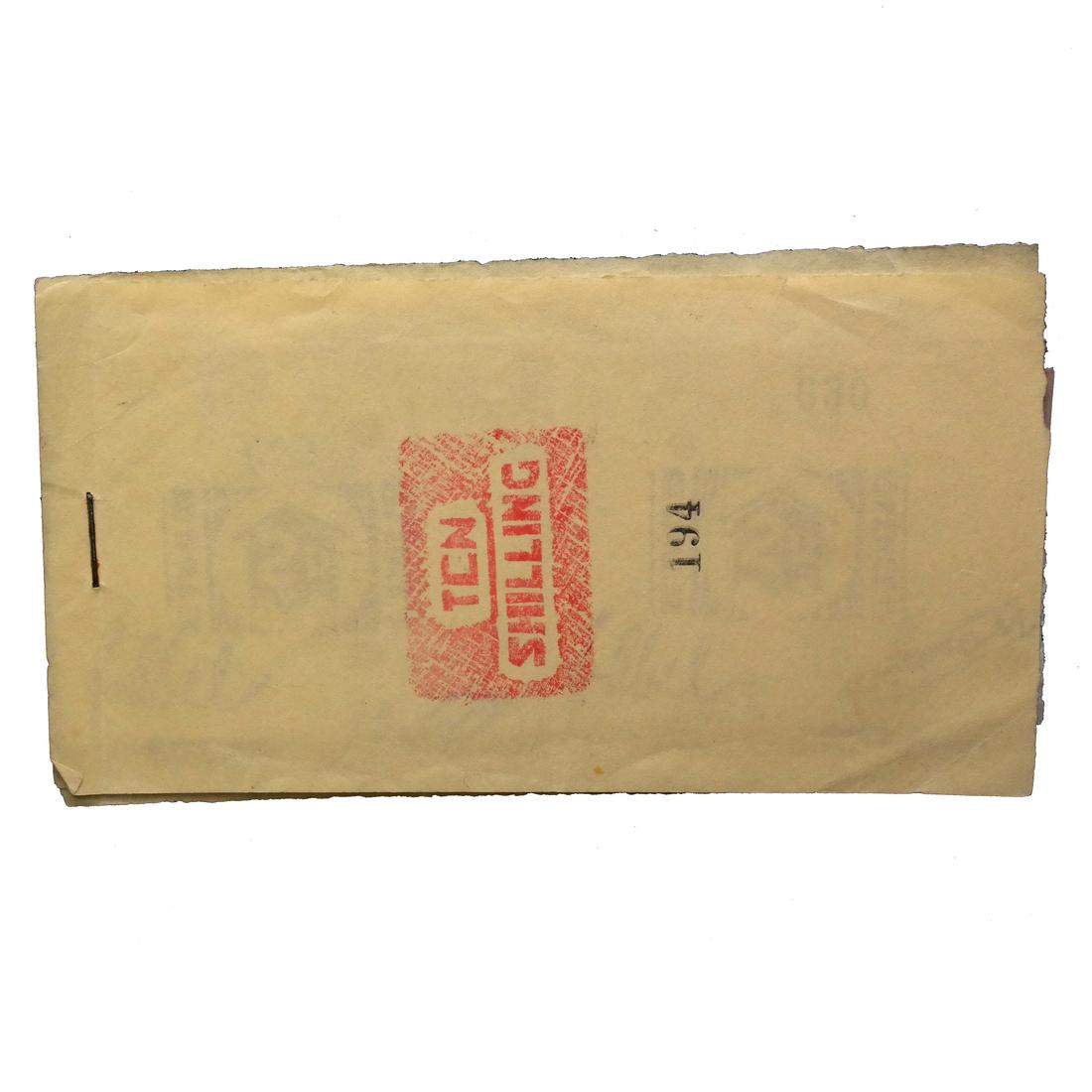 HAY AUSTRALIA WORLD WAR II INTERNMENT CAMP COUPON: Camp VII internment camp, a stapled and numbered (serial #194) 10/- booklet containing six 2d (three pairs), two 3d (one pair), and 6d, 1/-, 2/- and 5/- coupons on different size and colored pin-perfo