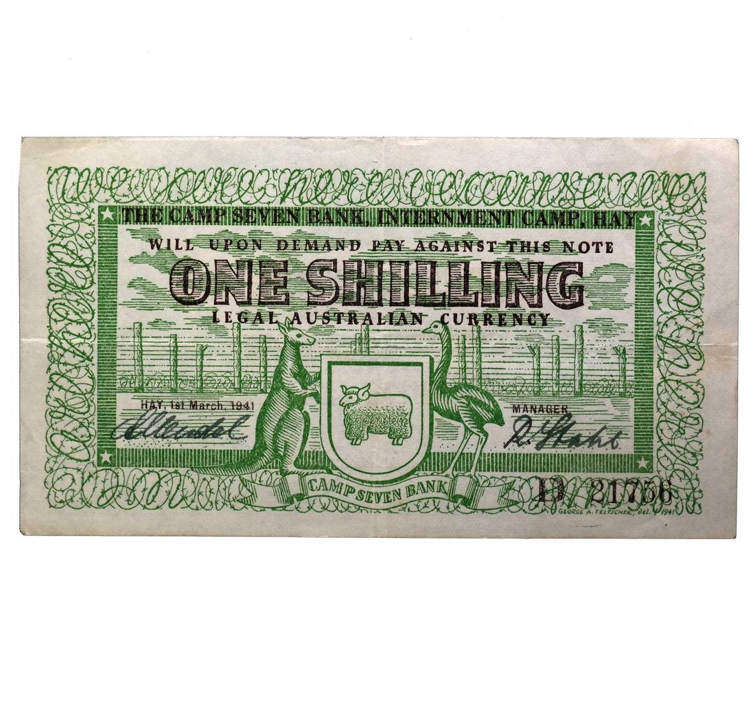 HAY AUSTRALIA WORLD WAR II INTERNMENT CAMP ONE SHILLING: Camp Seven Bank, dated 1st March 1941, signed Mendel/Stahl, serial #D21756, SB-552a, faint toning, light creases and a small corner ink stain, Very Fine condition.