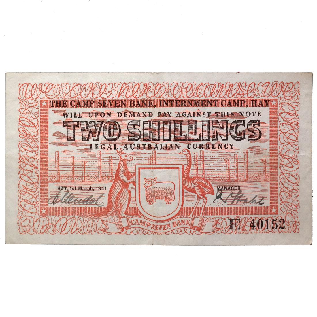 HAY AUSTRALIA WWII INTERNMENT CAMP TWO SHILLINGS NOTE: Camp Seven Bank, dated 1st March 1941, signed Mendel/Stahl, serial #E40152, SB-553a, faint creases, Very Fine+ condition.