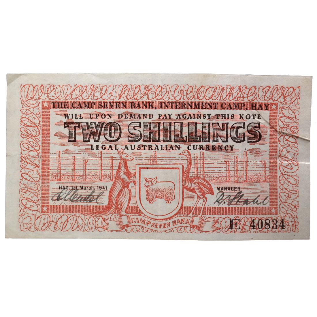 HAY AUSTRALIA WWII INTERNMENT CAMP TWO SHILLINGS NOTE: Camp Seven Bank, dated 1st March 1941, signed Mendel/Stahl, serial #E40834, SB-553a, light wrinkles and creases, Very Fine+ condition.
