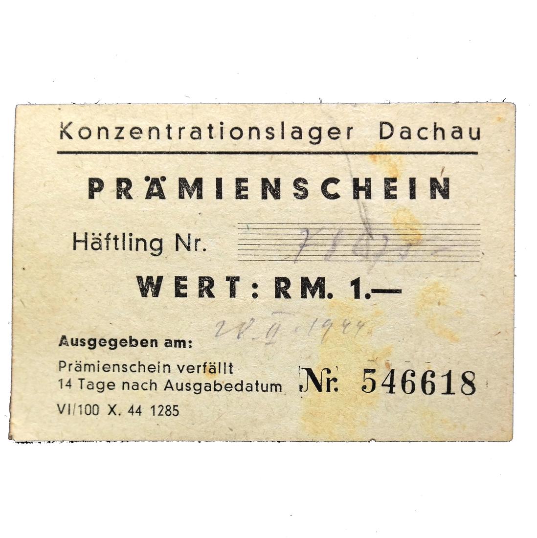 DACHAU CONCENTRATION CAMP 1RM COUPON/NOTE (1 of 5)