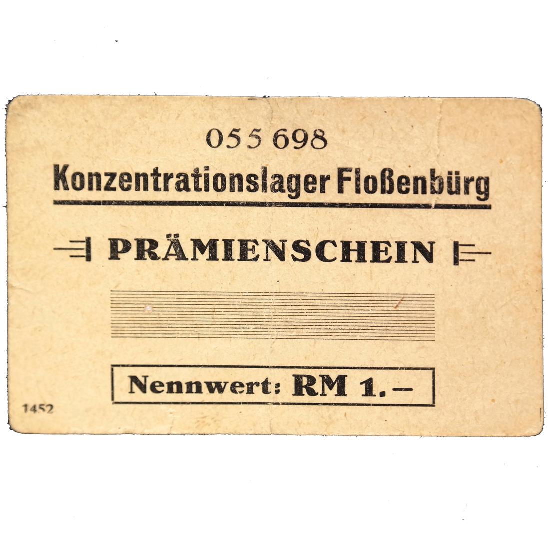 FLOßENBÜRG CONCENTRATION CAMP 1RM COUPON/NOTE: “Konzentrationslager Floßenbürg / Prämienschein / Nennwert: RM 1.-” on cream card, serial #055698, measures approx 75 by 52mm, vertical center fold and large vertical edge t
