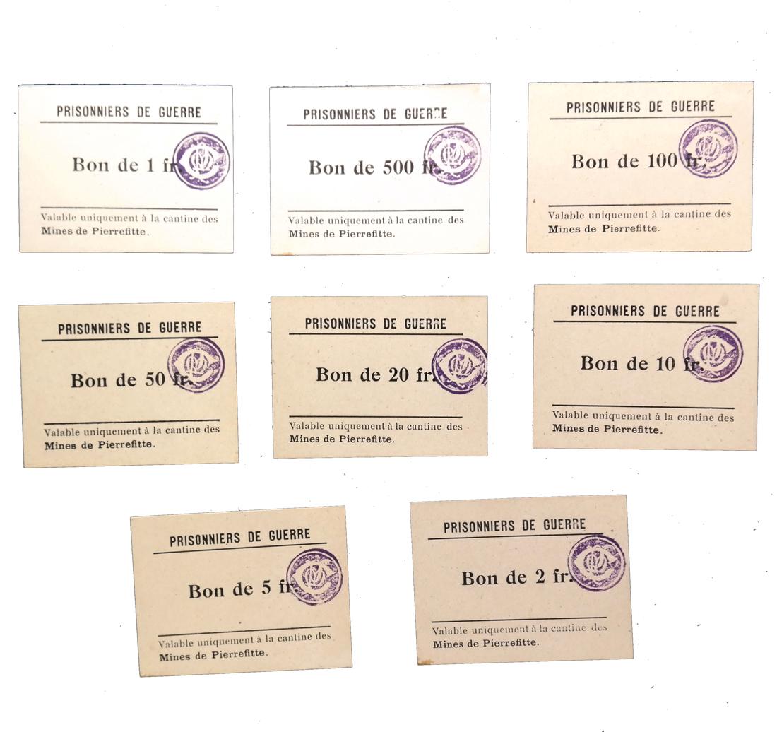 PIERREFITTE FRANCE PRISONER OF WAR CAMP COUPONS/NOTES: “Prisonniers de Guerre / Valable uniquement à la cantine des Mines de Pierrefitte” 1Fr, 2Fr, 5Fr, 10Fr, 20Fr, 50Fr, 100Fr and 500Fr coupons on thick card with violet control handstamp