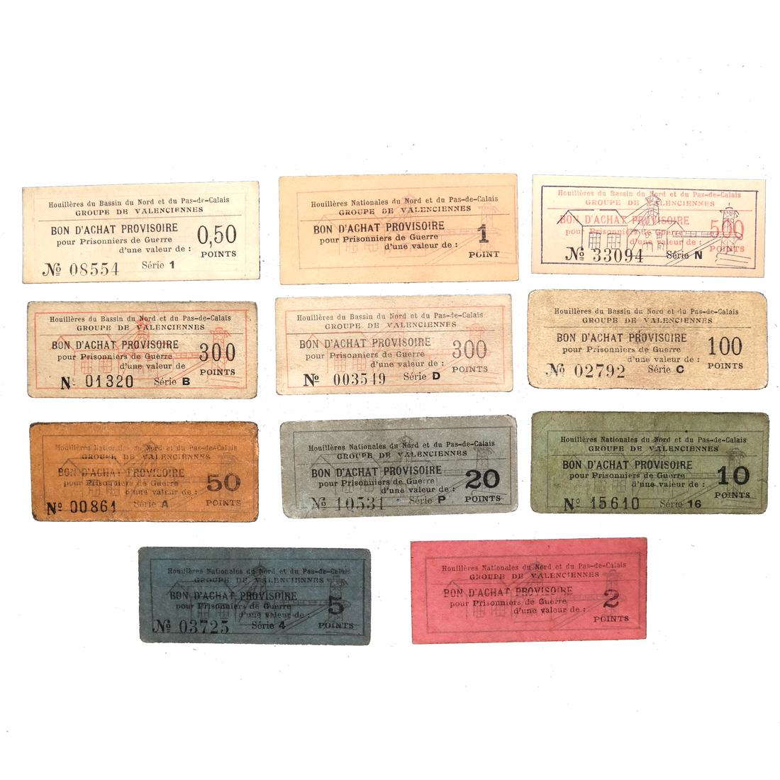 VALENCIENNES FRANCE PRISONER OF WAR CAMP COUPONS/CHITS: “Houillères du Bassin du Nord et du Pas-de-Calais / Groupe de Valenciennes / Bon D’Achat Provisoire / Pour Prisonniers de Guerre” 0,50, 1, 2, 5, 10, 20, 50, 100, 300 (2) and 500