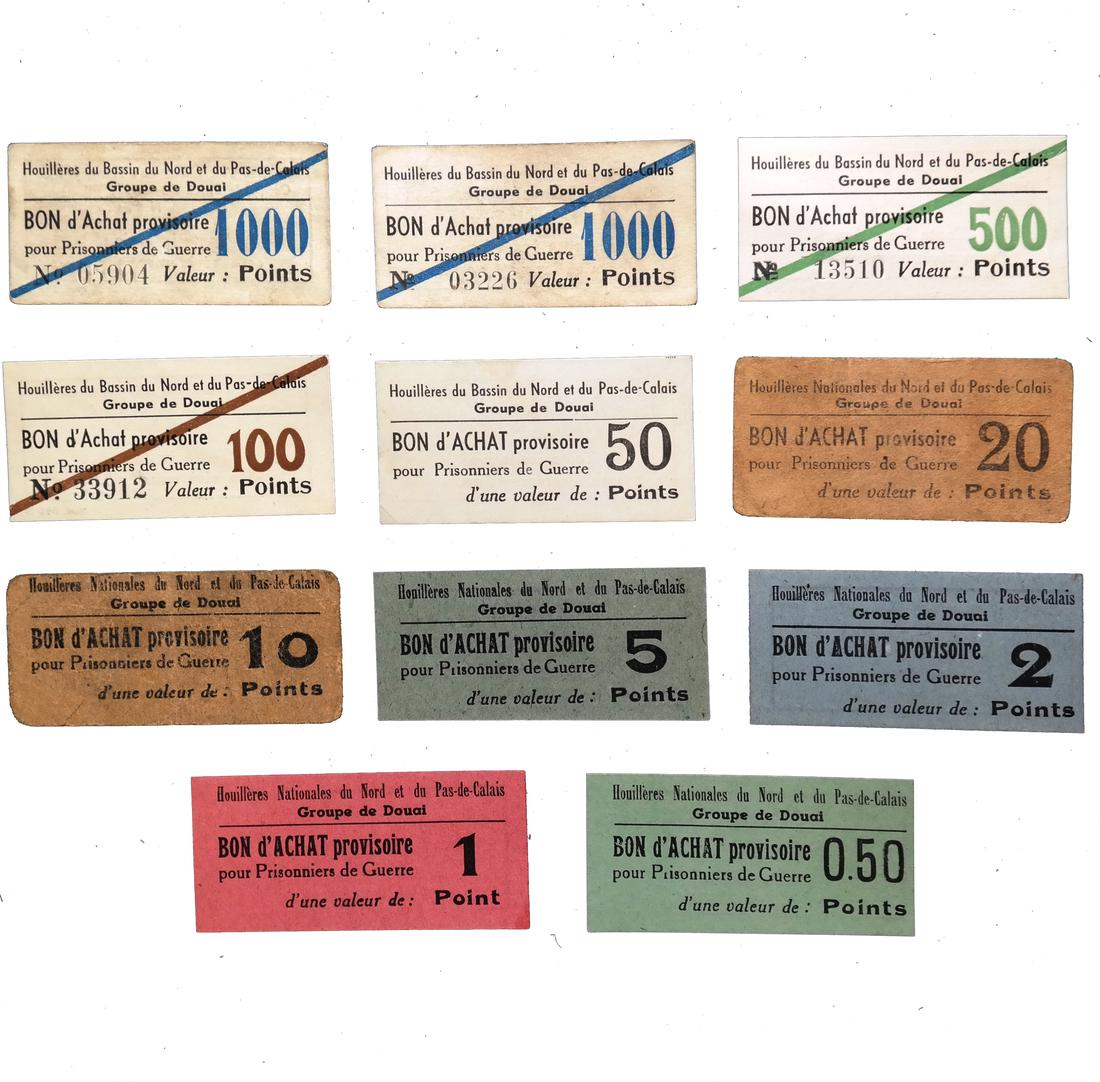 DOUAI FRANCE PRISONER OF WAR CAMP COUPONS/CHITS: “Houillères Nationales du Nord et du Pas-de-Calais / Groupe de Douai / Bon D’Achat Provisoire / Pour Prisonniers de Guerre” 0,50, 1, 2, 5, 10, 20, 50, 100, 500 and 1000 (2) Poin