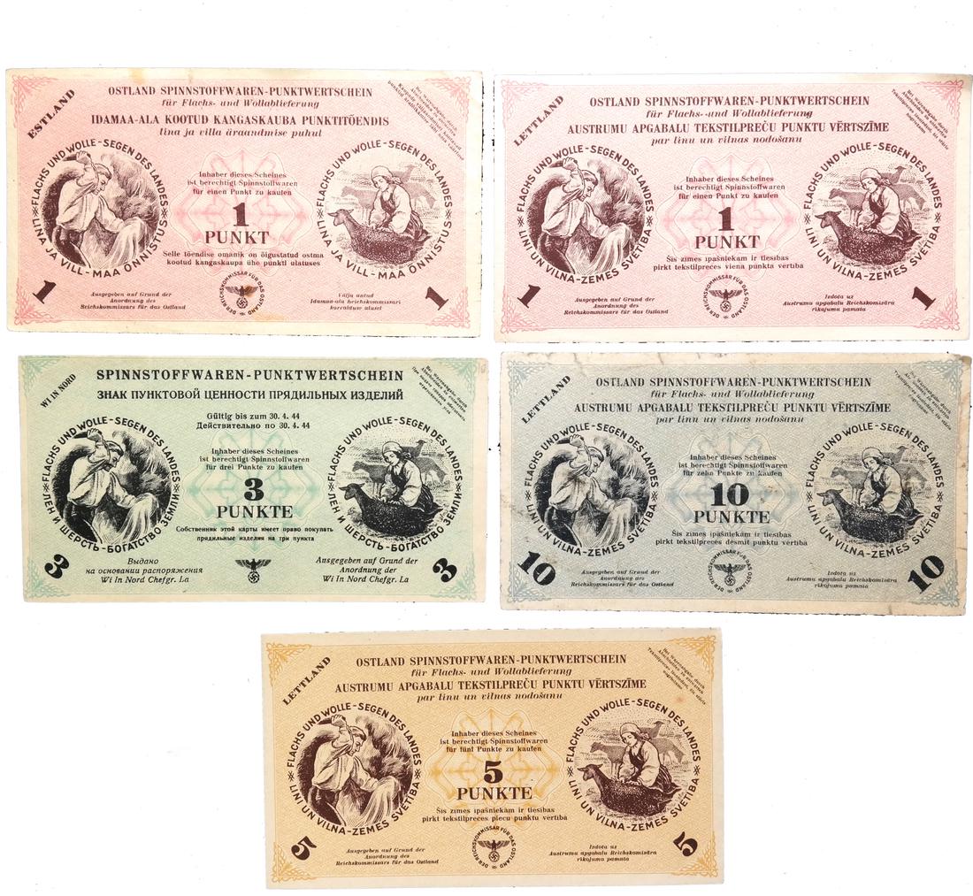 ESTONIA LATVIA RUSSIA WORLD WAR II FABRIC POINT NOTES: Includes Estonia (Estland) 1 Punkt note, Latvia (Lettland) 1, 5 and 10 Punkte notes, and Russia (Wi In Nord) 3 Punkte note, generally sound and F-XF.