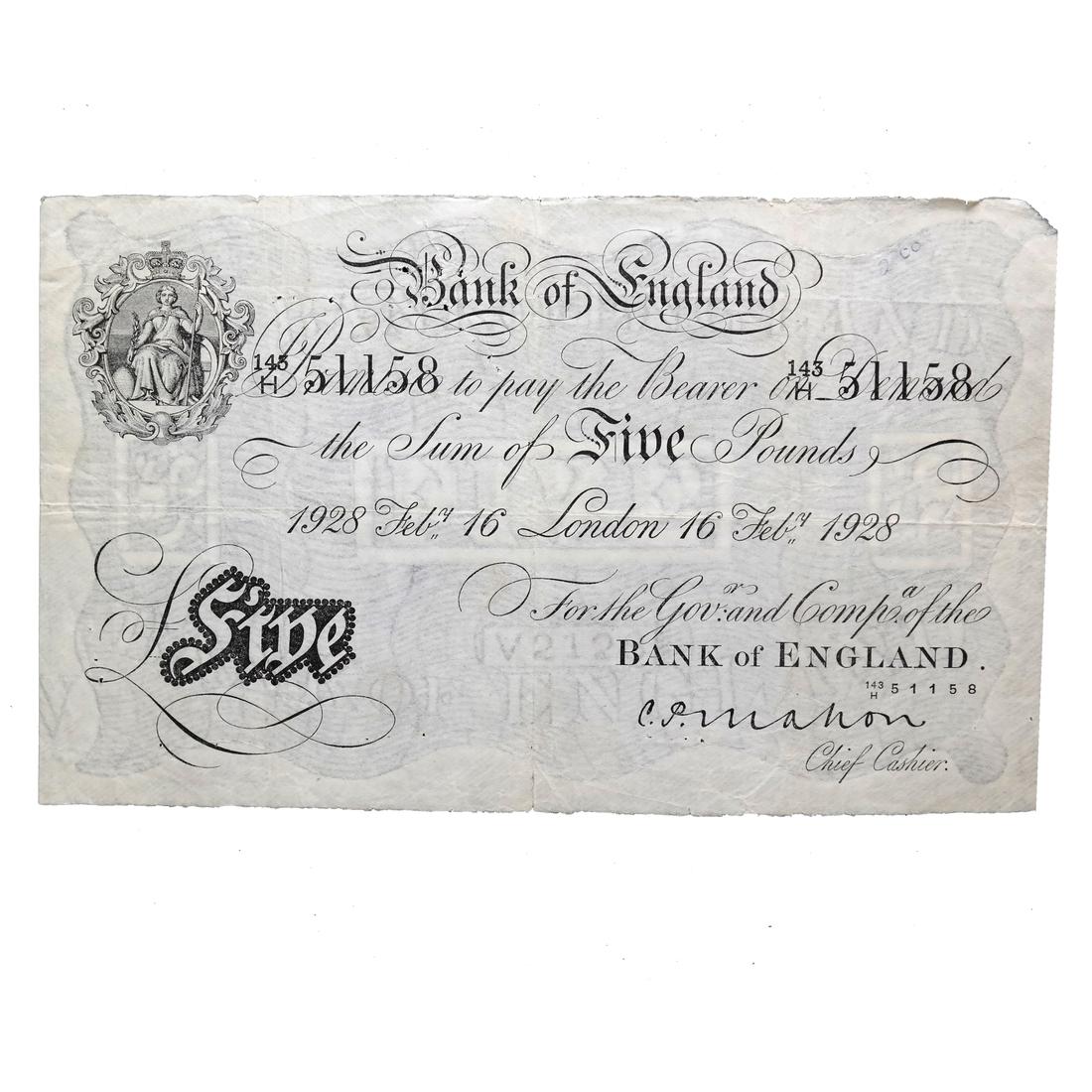 GREAT BRITAIN 1928 £5 BANK OF ENGLAND WHITE NOTE (1 of 7)