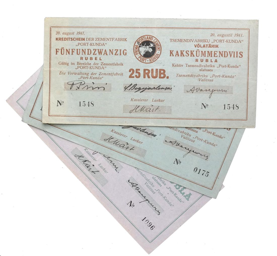 GERMAN OCCUPATION ESTONIA 1941 PORT KUNDA NOTES: Emergency notes issued by the Nazis for the Port Kunda cement factory, includes 3R and two 25R, some creases, sound and VF.