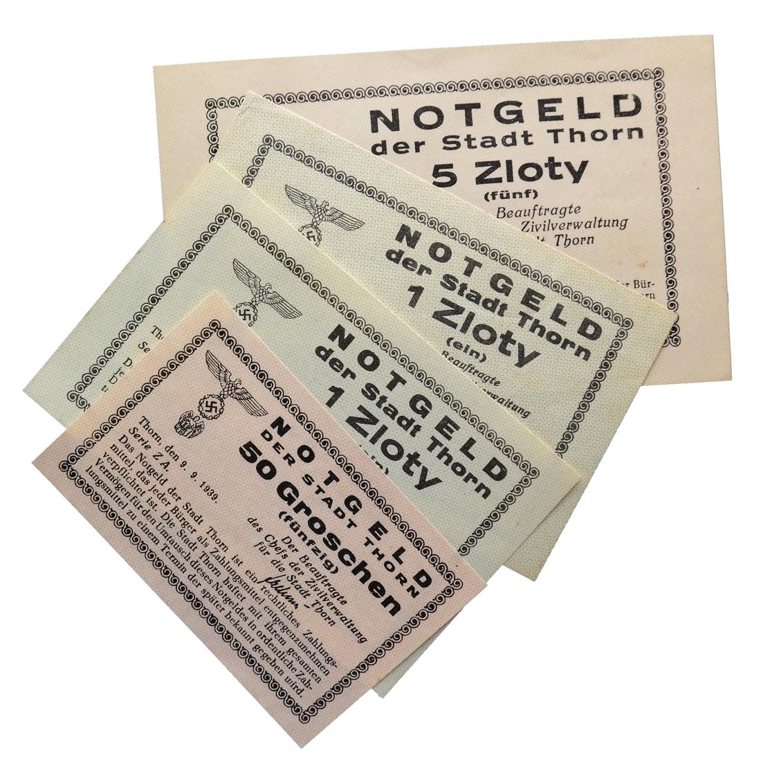 GERMAN OCCUPATION POLAND 1939 THORN PRISON CAMP NOTES: Complete set of the 50gr, 1Zl (2) and 5Zl notes issued for the Stadt Thorn prisoner of war camps, sound and About Uncirculated to Uncirculated.