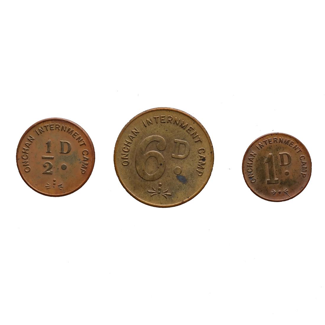 ONCHAN ISLE OF MAN WORLD WAR II INTERNMENT CAMP TOKENS: Includes the 1/2d, 1d and 6d values, used at the Onchan Internment Camp for German, Austrian and finally Italian prisoners of war, produced by J.R. Gaunt of Birmingham, About Uncirculated to Uncircula
