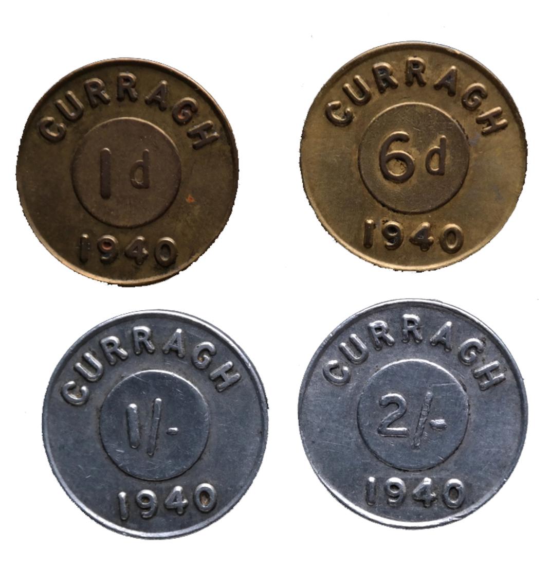 CURRAGH IRELAND 1940 WORLD WAR II INTERNMENT CAMP: Includes 1d and 6d brass and 1/- and 2/- aluminum tokens, used at the Curragh Internment Camp for captured Luftwaffe pilots and RAF pilots who abandoned their planes over Ireland, Extremely Fine to Ab