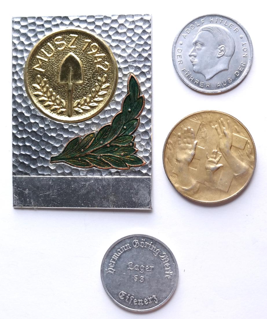 GERMANY AUSTRIA HITLER GÖRING NAZI PARTY: Includes Adolf Hitler c.1929 Baustein 10pf fundraising aluminum token, Hermann Göring c1920s Lager 63 10pf aluminum token, and Reichstagswahl 1932 Nazi Party fundraising .990 silver token, and Mu