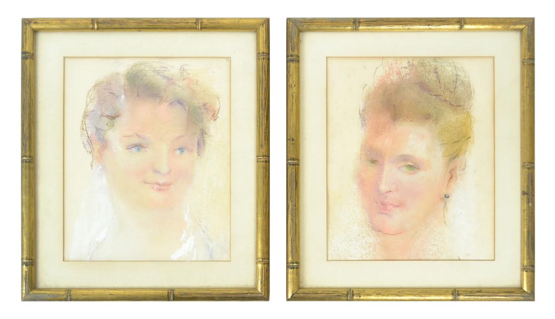 Joe Rugolo, Pair of Portraits: Pastel on paper. Depicting a fair-skinned young women with short hair, one with blue eyes and one with green eyes. Inscribed verso. Framed under glass. [Sight: 10 3/4" H x 8 3/4" W; Frame: 15" H x 13"