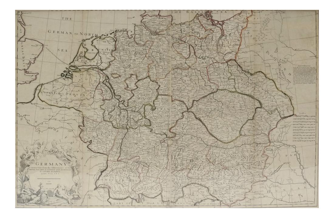 John Senex, Framed Map of Germany: Framed under glass, reverse with "The Old Print Shop" paper label; [Sight: 26 1/4in x 38 1/2in; Frame: 30in x 42in].