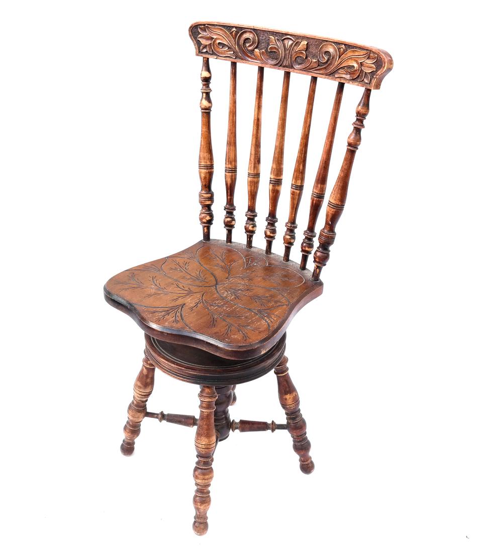 Spindle Back Piano Chair: Adjustable swivel piano chair.