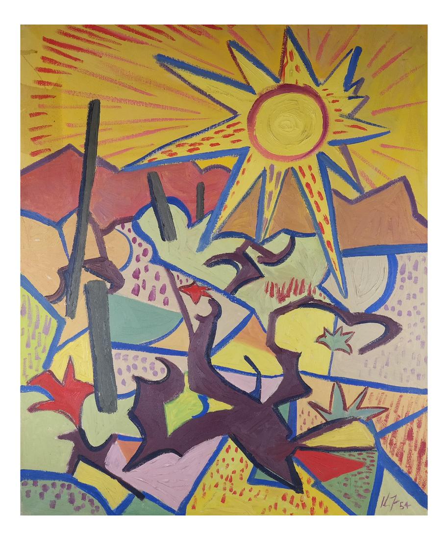 Karl Fritsch, Landscape - Oil on Canvas: Vibrant abstract desert landscape with thick impasto. Signed bottom right "K.F. '54". Signed again and titled on verso stretcher bar. [Art: 28 1/2" x 22 3/8"; Frame: 29 1/4" x 23"].