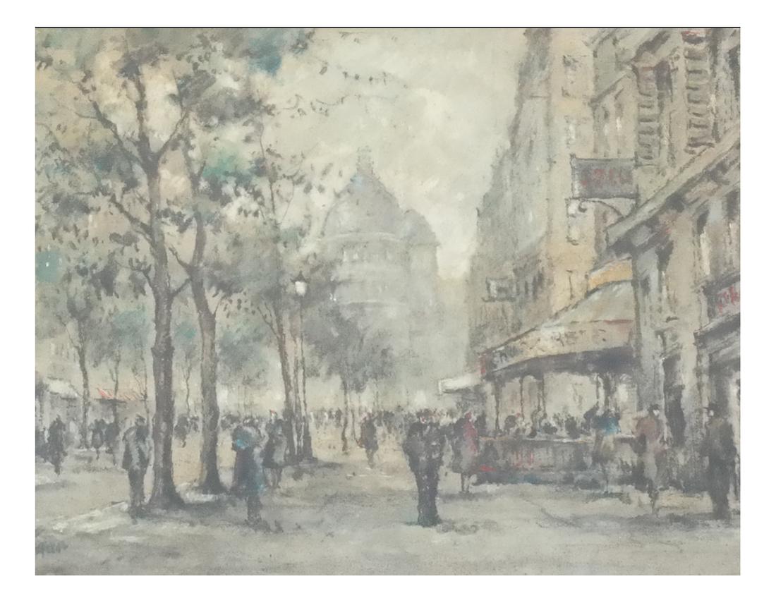 Ota Grigar, Paris Street Scene - Oil On Canvas: Ota Grigar Gilt wood framed oil on canvas depicting a Paris street scene with Montmarte in the background. Signed illegibly at lower left. [Sight: 15 1/2" H x 19 1/2" W; Frame: 23 1/4" W x 27 3/8"W].