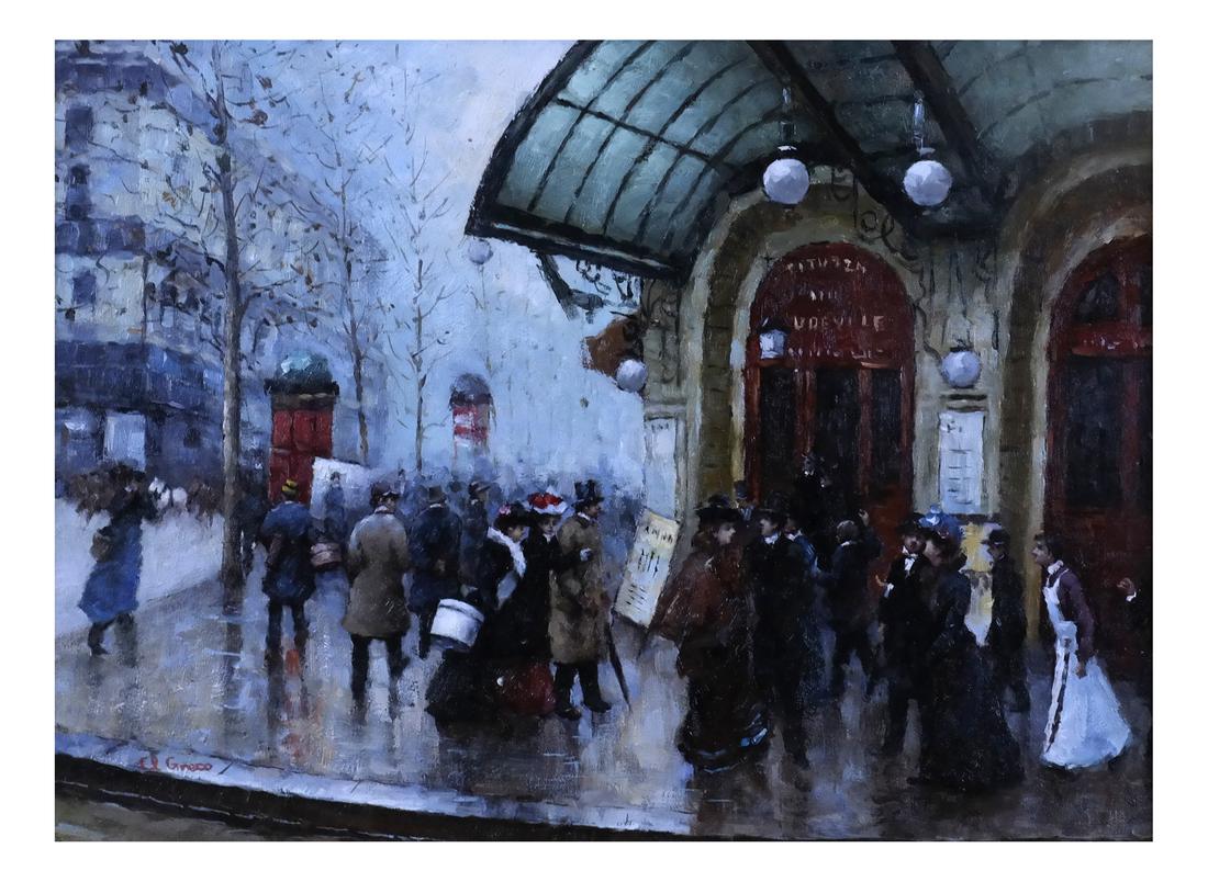 Paris Street Scene, Oil on Board: Reproduction painting depicting a street in Paris with figures. [Art: 12" x 16"; Frame: 26" x 30"].