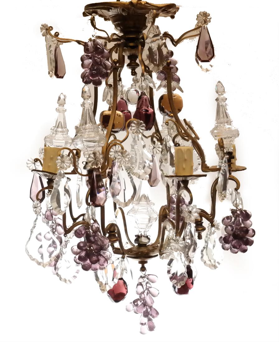 Four-Light Bronze & Crystal Fixture: a multicolor crystal and bronze hall fixture. Flush mount. [16 1/2" Dia x 19" H].