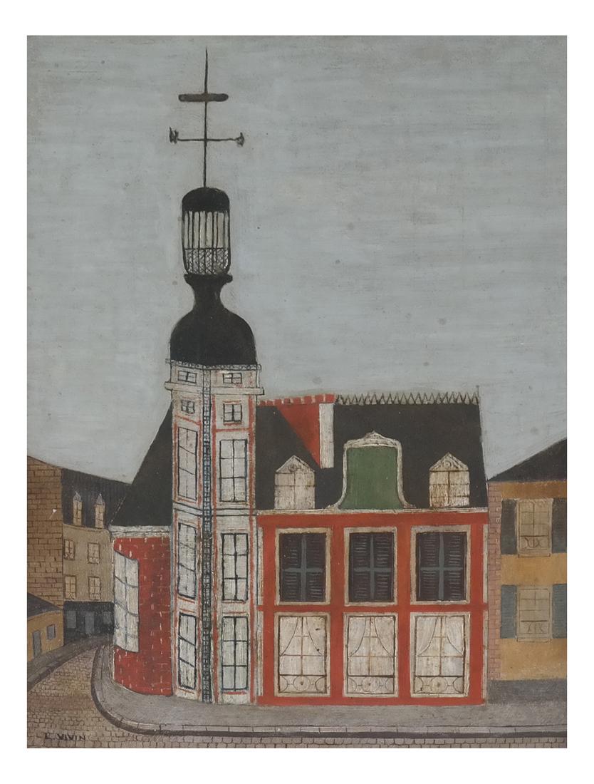 Louis Vivin, Street Scene: Oil on cradle back colorfy city street scene depiction of a Second Empire mansion with turret, widow's peak, and weathervane. Signed "L. Vivin." [Art (sight): 14 1/4" x 9 3/4"; Frame: 19" x 14 1/4"].