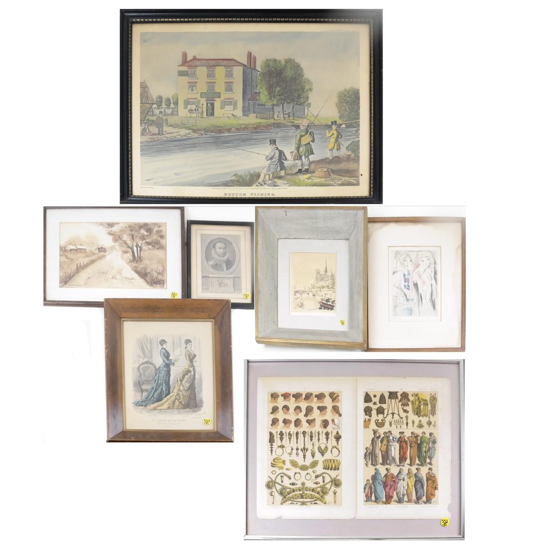 Seven Vintage and Modern Decorative Framed Art: Seven framed artworks comprising: 1.) Engraved portrait of William I by J.C. Philips. 2.) Offset lithograph of Notre Dame after a watercolor by Pierre Pages. 3.) Watercolor of a country road signed bo