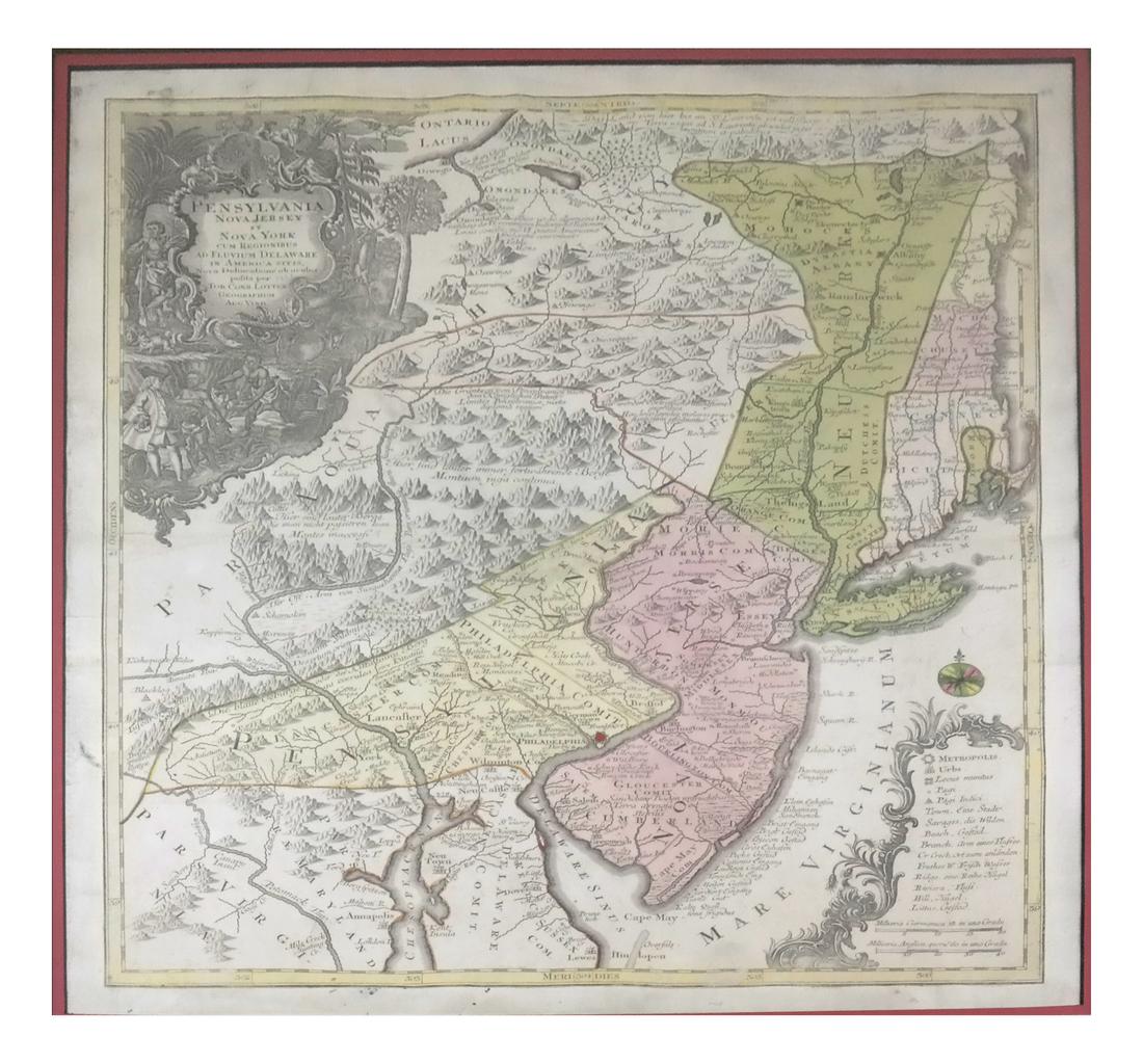 Antique Map: New York & Area - Engraving: Pensylvania Nova Jersey et Nova York cum Regionibus Ad Fluvium Delaware In America Sitis, Nova Delinatione ob oculos posita...Tobias Conrad Lotter (1717 - 1777). Engraved map with hand-color in part.