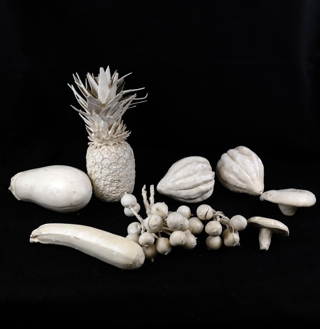 Group of Mid-Century Decorative Vegetables: Plaster painted, 9 items, including mushroom, gourds, a pineapple, zucchini, eggplant and more. Dimensions: pineapple - 12.50 " L ; 