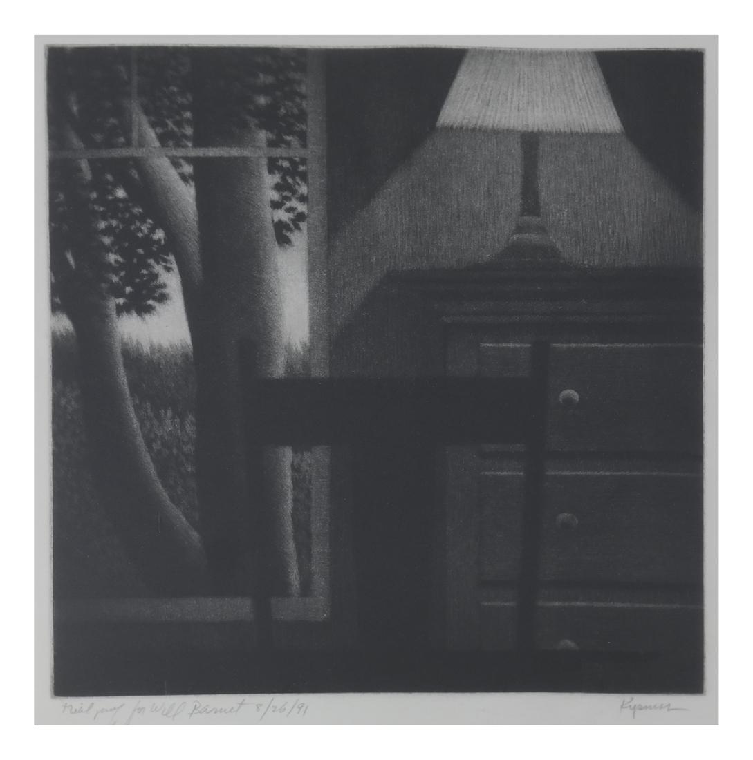 Kysness, Interior - Trial Proof: A framed artist proof of an interior setting, inscribed "For Will Barnet 8/26/91". From the Collection of Will Barnet. Dimensions: Art: 7.50 " H x 6.50 " W;&nb