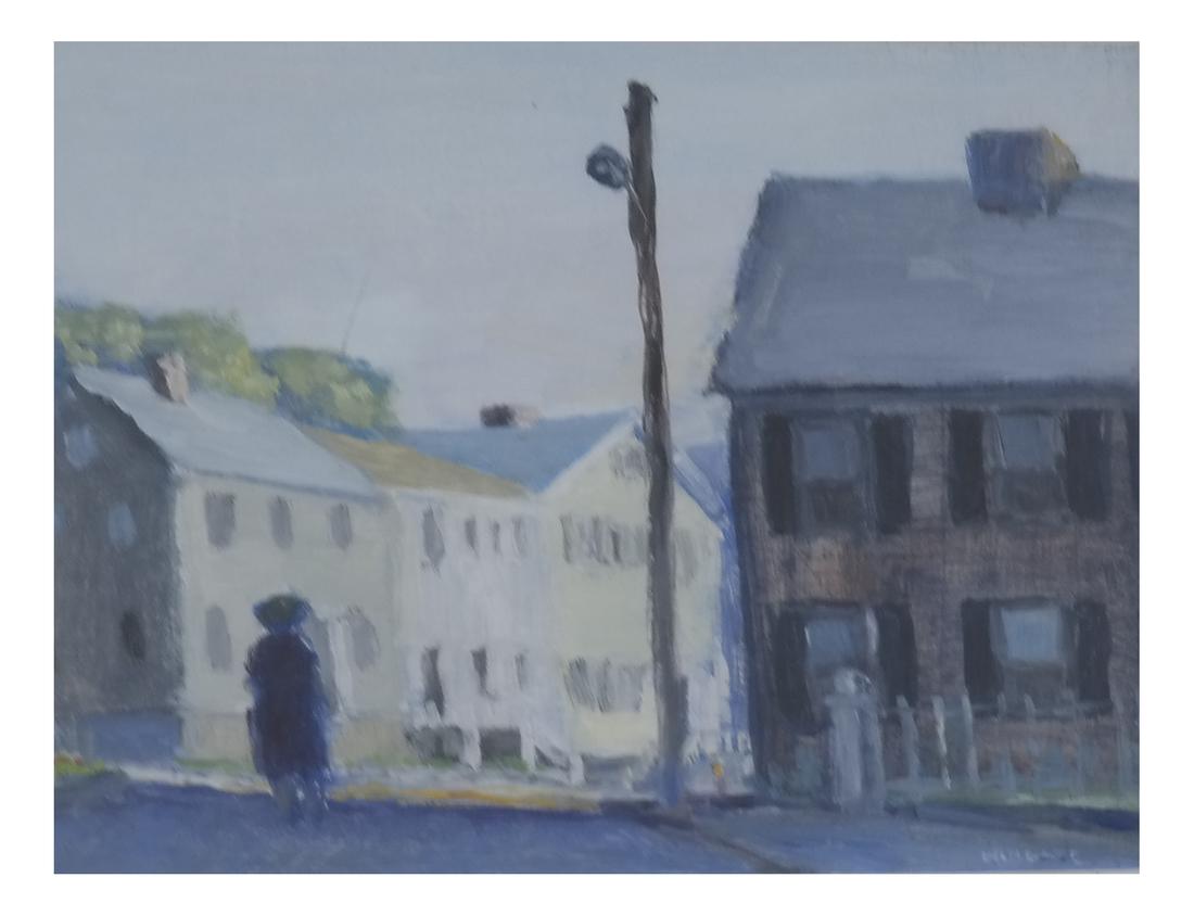 Lee Wingate Street Scene -Oil on Panel: A fremd oil on panel, "A Lee Street Visit", 1980. From the Collection of Will Barnet. [Art: 7" x 7"; Frame: 14" x 14"].