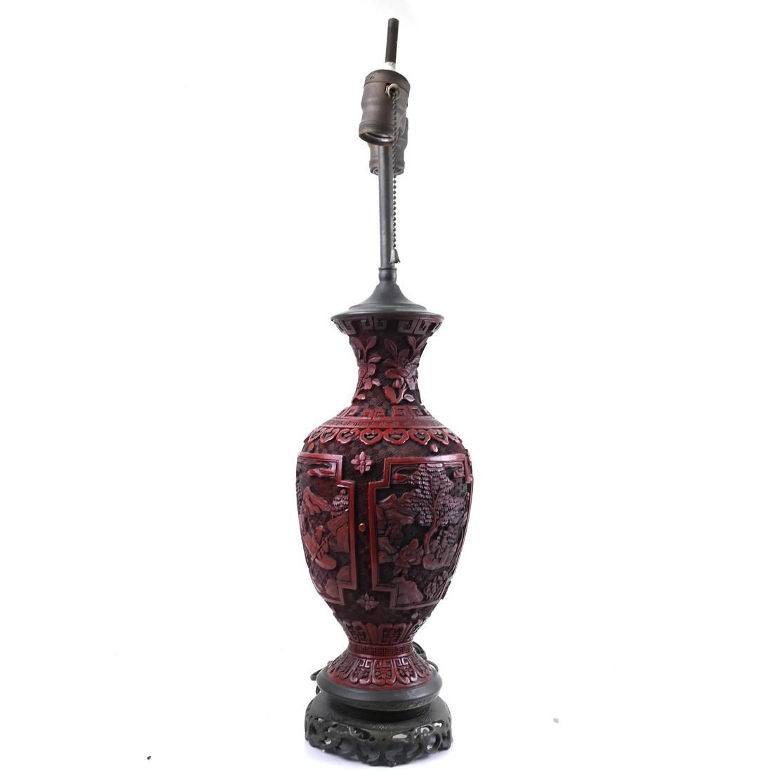 Chinese Carved Cinnabar Vasiform Lamp (1 of 6)