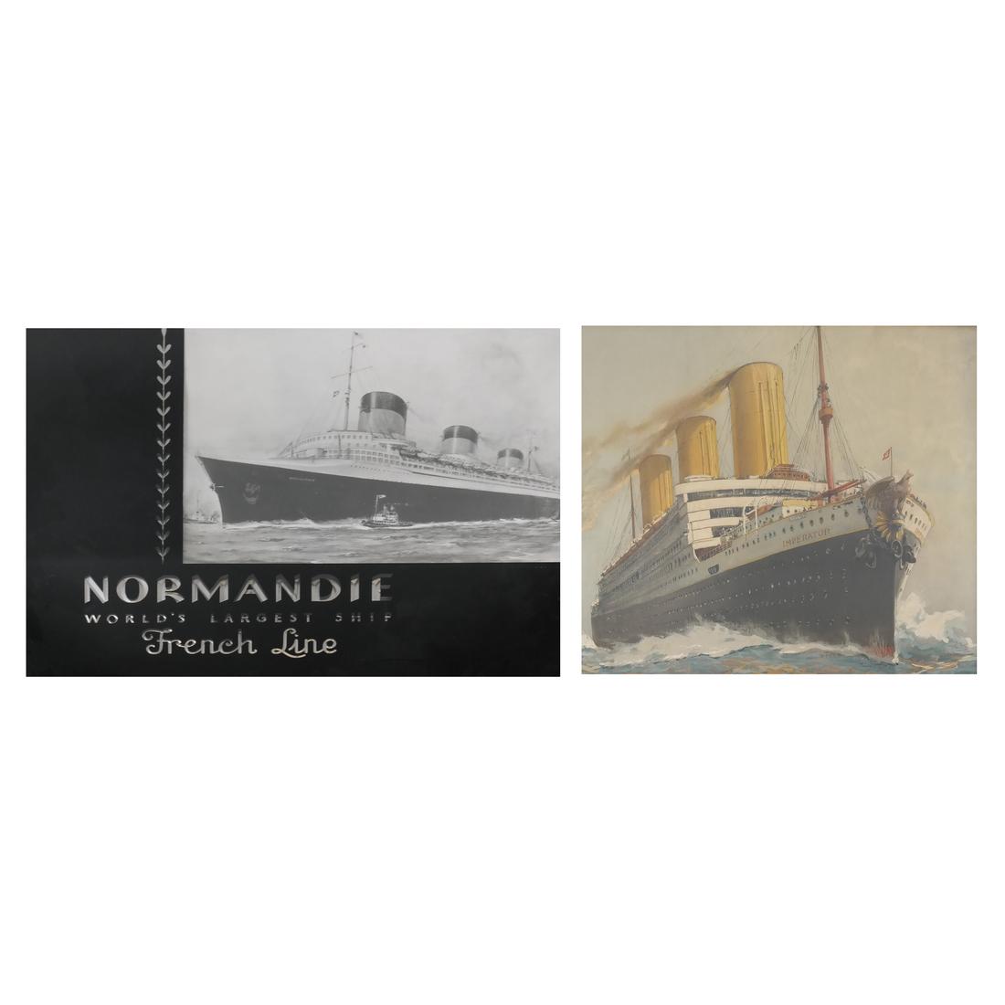 S.S. Normandie and S.S. Imperator - Framed Images: Comprises: 1.) Black and white photographic image of the S.S. Normandie after a watercolor. Image (11.75" x 16.75) is contained under a back-painted glass panel with inset reflective aluminum text "No
