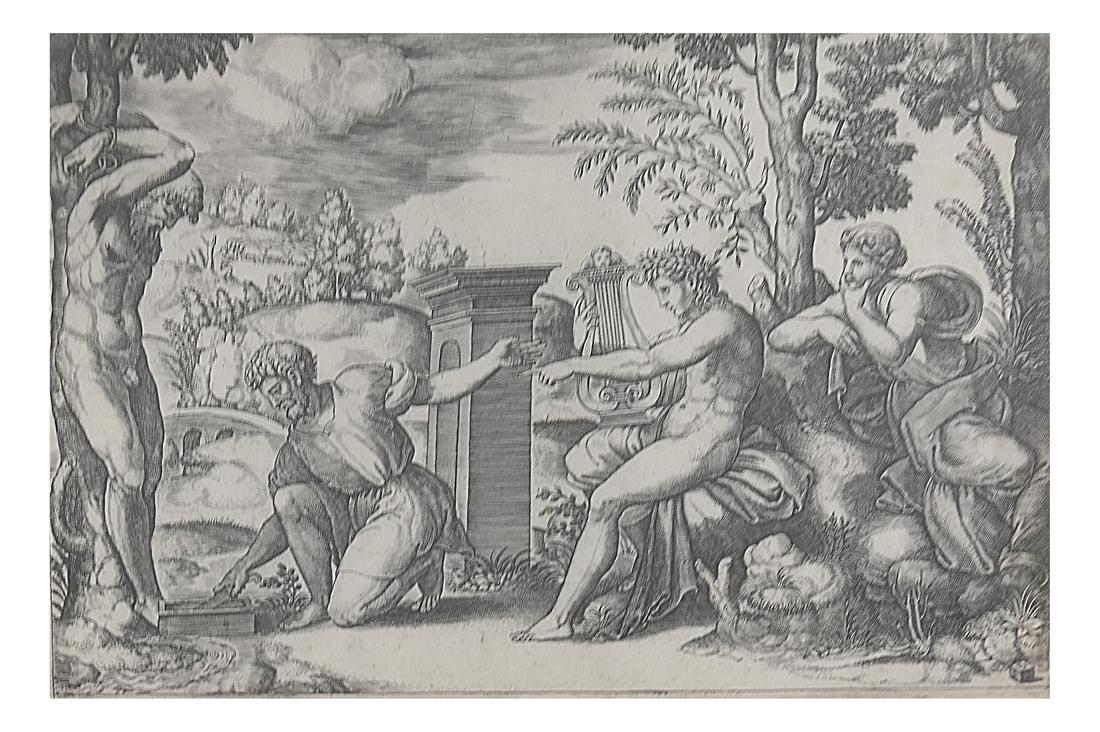 Master of The Die - "Apollo and Marsyas" - Engraving: Master of The Die after Raphael "Apollo and Marsyas." Circa 1572 engraving. Dimensions: 12.75" H x 16.75" W; 