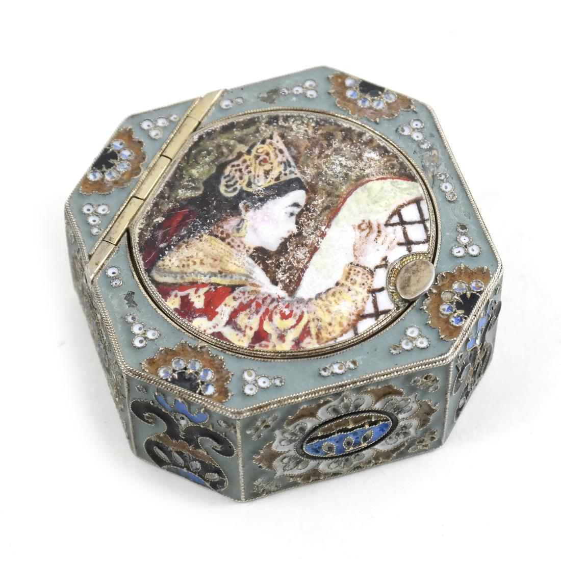 Russian Enameled Silver Chamfered Square Pill Box (1 of 5)