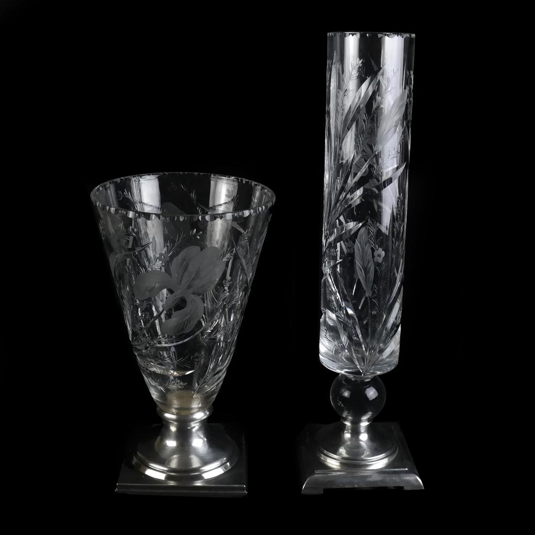 T G Hawkes Two Gravic Cut Glass & Sterling Vases (1 of 8)