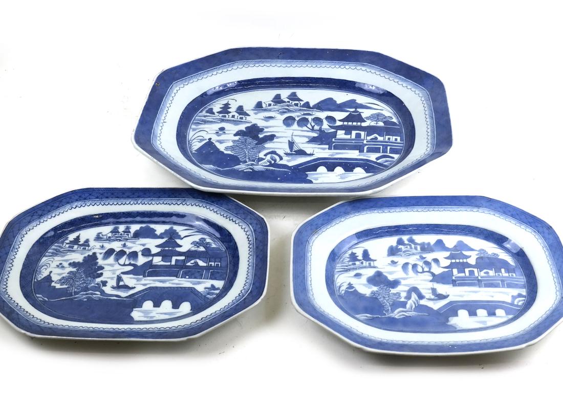 3 Chinese Blue/ White Canton Porcelain Various Platters (1 of 5)