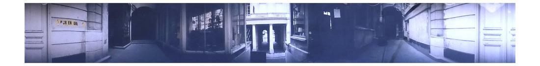 Kenneth Nelson, European Alley Way - Panoramic Collage: Photographic collage comprising three vignetted horizontal sheets. Matted and contained under glass in metal frame. No signature nor inscription visible, not inspected out of frame. Dimensions: 