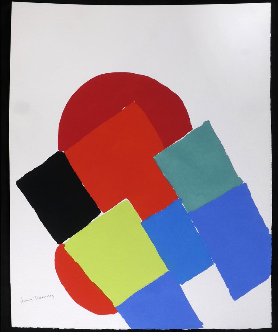 Sonia Delaunay, Two Pochoirs From "Les Illuminations": Sonia Delaunay (Ukrainian 1885-1979), duplicate pochoirs in colors on wove paper with "Arches / France" watermarks. Both signed at bottom left "Sonia Delaunay" and bear an embossed "J. Perrigot Arches