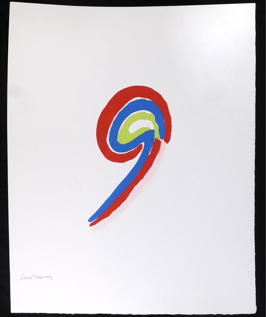 Sonia Delaunay, Two Pochoirs From "Les Illuminations": Sonia Delaunay (Ukrainian 1885-1979), duplicate pochoirs depicting the number "9" in colors on wove paper with "Arches / France" watermarks. Both signed at bottom left "Sonia Delaunay." One sheet is n