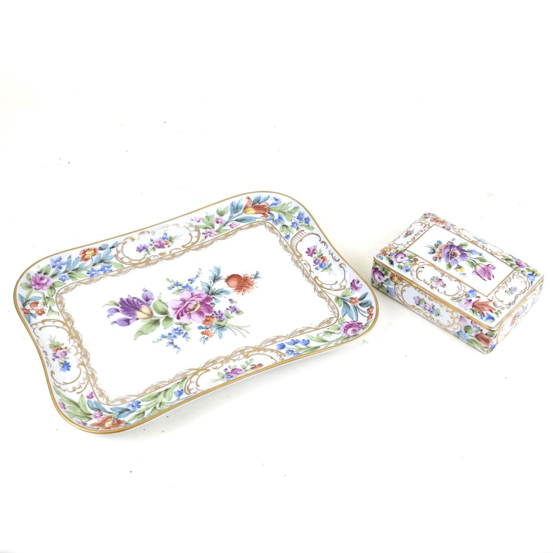 Two Dresden Vanity Items: Comprises a Dresden German floral decorated tray and a covered box. Dimensions: Box - 1.5" H x 5" W x 3.75"D; tray - 