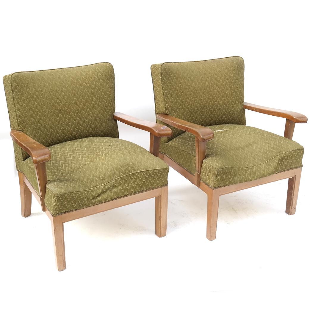 Pair of Modern Armchairs: Pair of armchairs with (as is) green upholstery, in the manner of Hans Wegner. [27 3/4" L x 24" D x 31 1/4 H to back; 16" H to seat].