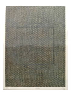 Vincent Longo, Abstract Lithograph "Imprint" #131/200: Vincent John Longo (American b.1923), Abstract lithograph titled "Imprint". #131/200. Signed lower left. Summa Gallery, Brooklyn label verso. Dimensions: &nbsp;Art:&nbsp;25&quot;&nbsp;H&nbsp;x&nbsp;19