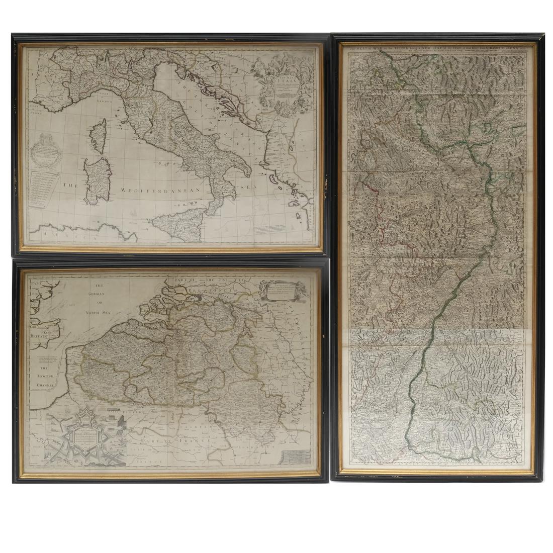 Three Framed Maps Depicting Europe: Including: Guillaume DeLisle, "The Seat of War on The Rhine being a New Map of the Course of the River from Strasbourg to Bonn," John Senex, "The New Map of Italy," and John Senex, "A New and Correct