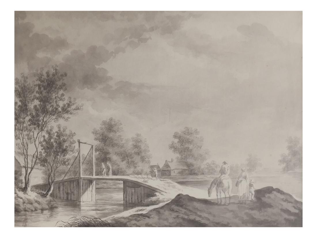 British School, Figures On A Drawbridge: Gilt wood framed watercolor on paper depicting a drawbridge with figures, unsigned. [Sight: 11 1/4" H x 16" W; Frame: 19 1/2" H x 23 3/4" W].