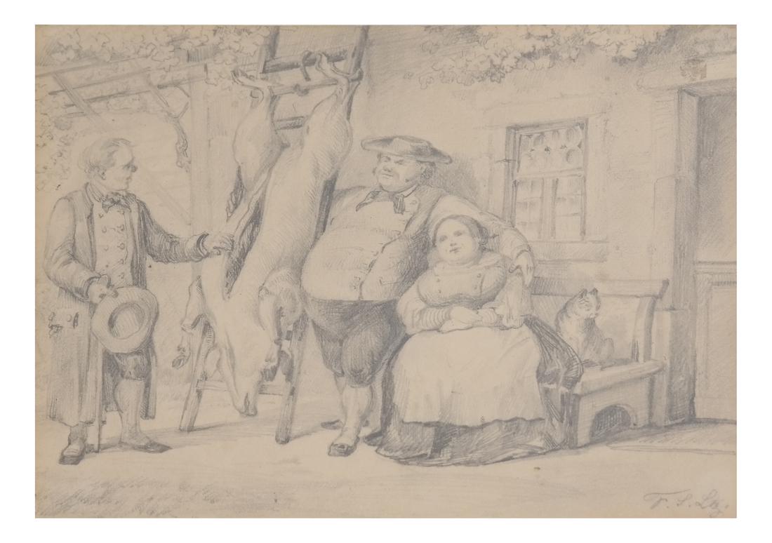 19th C. Hog Sellers - Graphite on Paper: Gilt wood framed drawing depicting a customer, with two hog sellers and slaughtered pigs . Signed illegibly at lower right. [Sight: 5 1/4" H x 6 3/4" W; Frame: 16" H x 23 1/2" W].