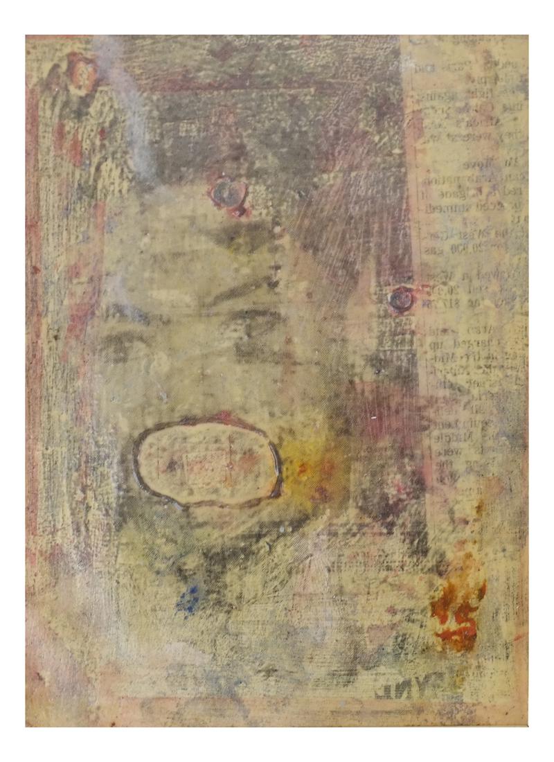Jesse A. Almazon "Girl In Pink": Newsprint collage, acrylic and varnish on unknown support. Matted and contained under glass in a wood frame. [Sight: 6 1/2" x 4 1/2"; Frame:11" x 9"].