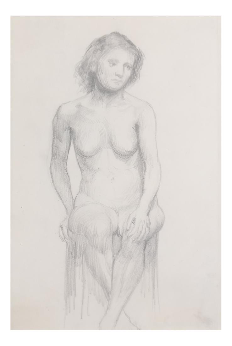 Frank Duveneck, Seated Nude Woman: Frank Duveneck (American, 1849-1919). Framed pencil on paper of a full frontal nude female seated with hand resting on knee. Verso bears Ira Spanierman Gallery label with artist and title information.