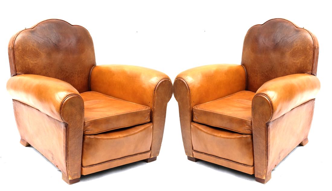 Pair French Art Deco Style Brown Leather Club Chairs (1 of 9)