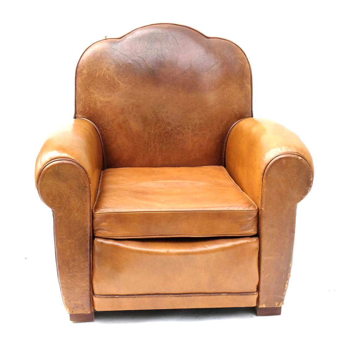 French Art Deco Style Brown Leather Club Chair: With shaped crest. Dimensions: 35" H x 34" W x 33"D; 