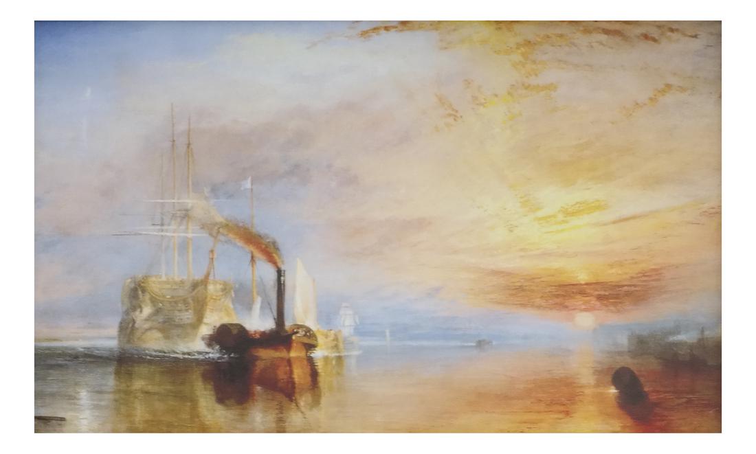 Framed Work, Ships at Sunset: Framed reproduction depicting ships approaching harbor at sunset. Label verso bears "J. Pocker" gallery label. Dimensions: Art: 17.5" H x 25.5" W; Frame:&