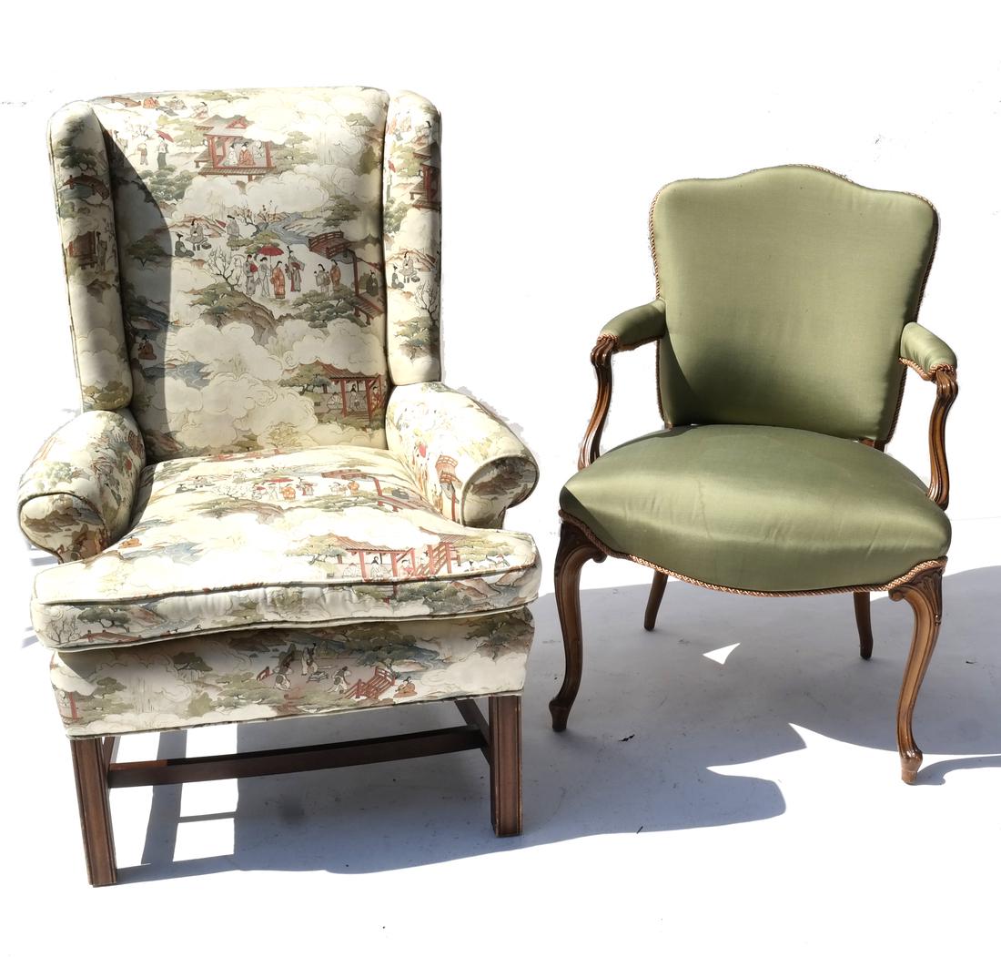 Two Armchairs: Comprising a mahogany armchair and a wing chair possibly by Kittinger.